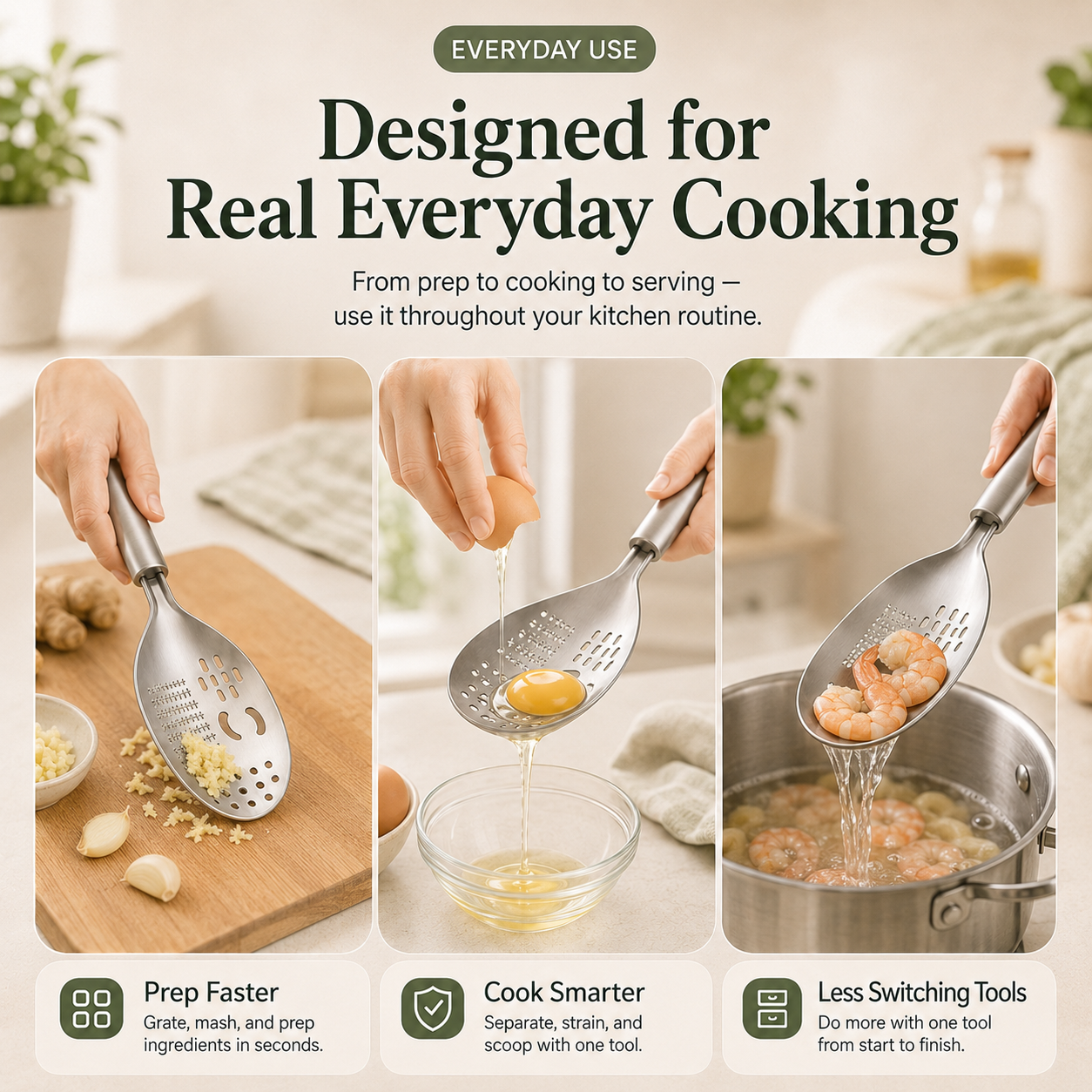 π₯ All-in-One Stainless Steel Kitchen Spoon | Grate, Strain, Mash & More