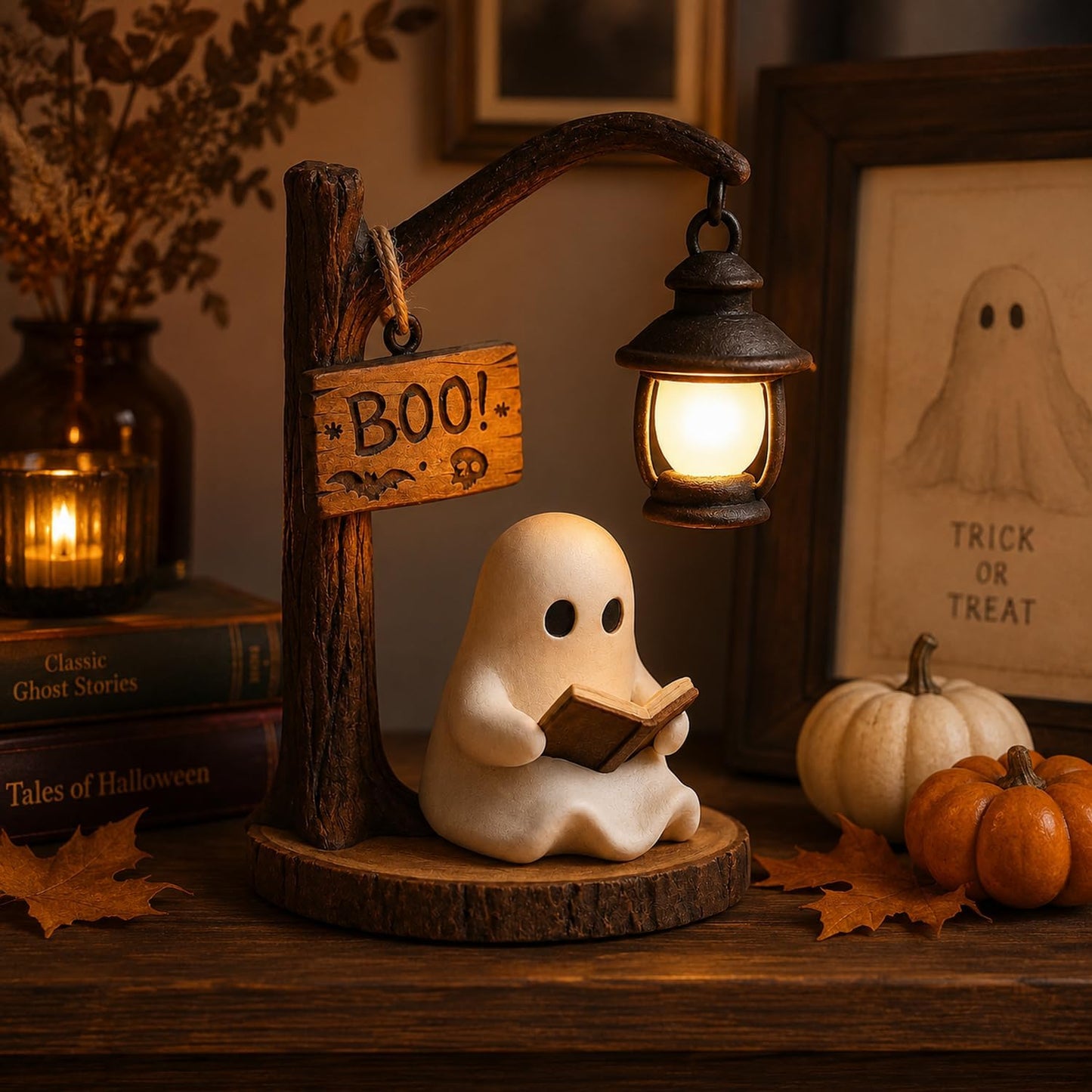 Cute Ghost Reading Lantern – Cosy Halloween Desk Decor