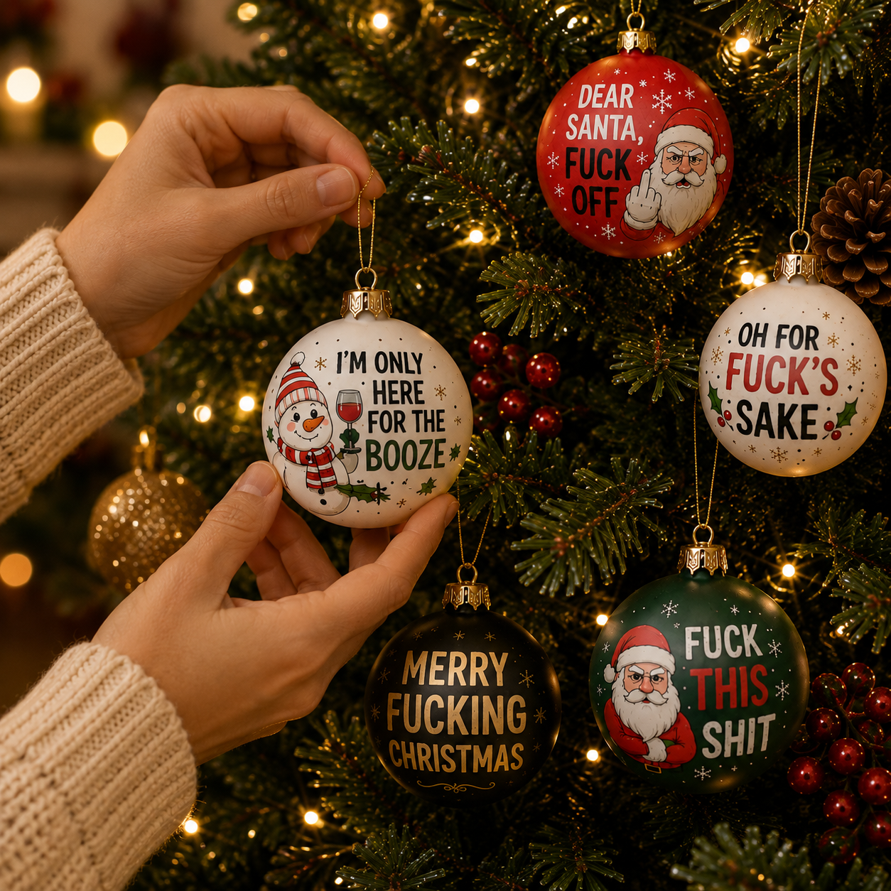 TYIIPLUS™ Naughty Christmas Ornaments – Funny Swear Word Baubles for Adults, Black & Gold Christmas Tree Decorations