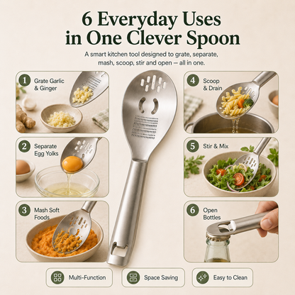 🥄 All-in-One Stainless Steel Kitchen Spoon | Grate, Strain, Mash & More